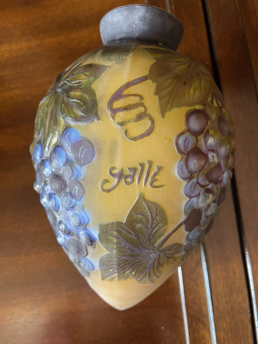 Emile Galle Acid Etched Cameo Glass Lamp Light Shade Grapes Amber Purple Brown