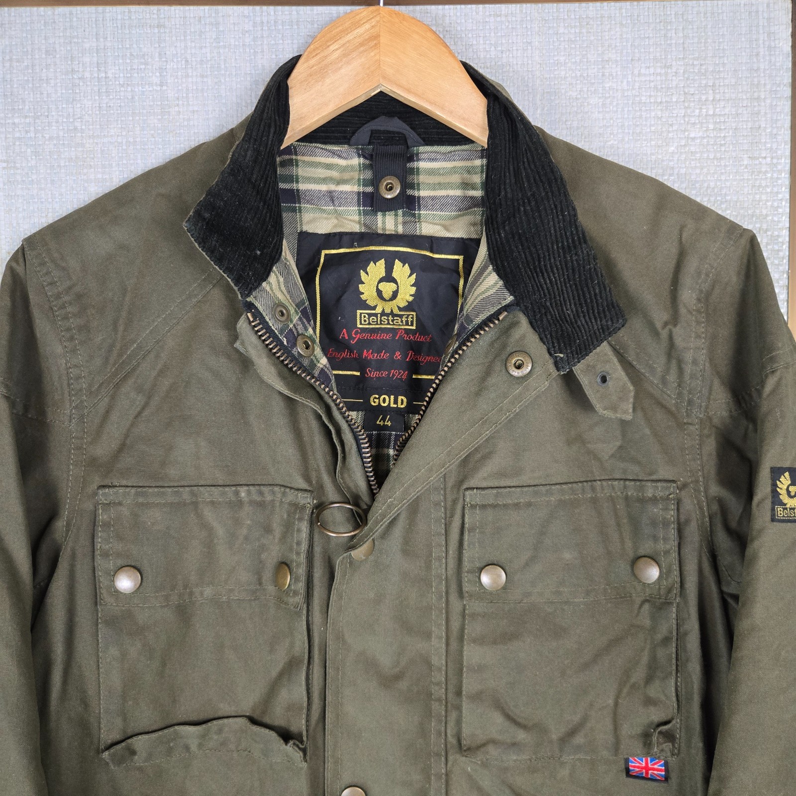 BELSTAFF GOLD Mens Size 44 Medium Oilskin Waxed Jacket Belted Green Zip Corduroy image 3