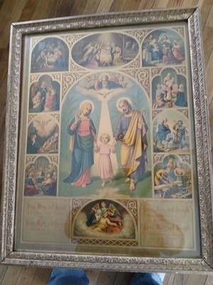 ANTIQUE 1892 CHROMOLITHOGRAPH PRINTT HOLY FAMILY FRIDOLIN LEIBER NICE WOOD FRAME