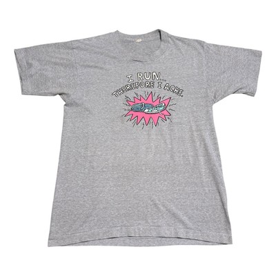 Vintage 80s Screen Stars I Run Therefore I Ache Gray Stained Shirt Adult Medium
