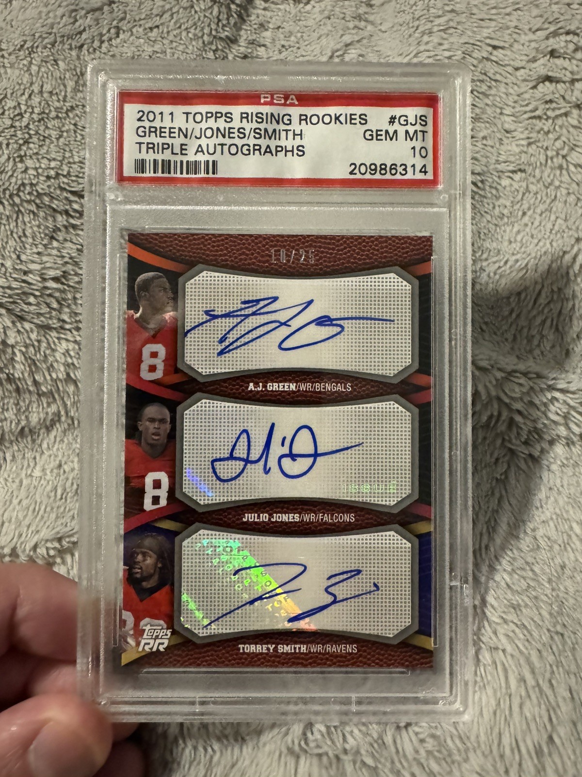 2011 Topps Rising Rookies Triple Auto Aj Green/Julio Jones/Smith 25 PSA 10 POP 2 view 5
