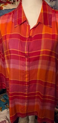 Josephine Chaus Top  Plaid 100% Silk Button-up Blouse Women L