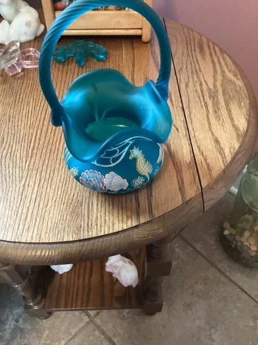 Fenton 8" T Teal Satin Basket w/ Sea Motif