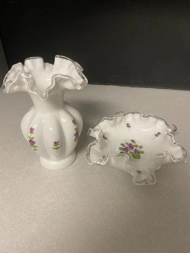 Vintage Fenton Silvercrest Ruffled Painted Violet Vase & Dish