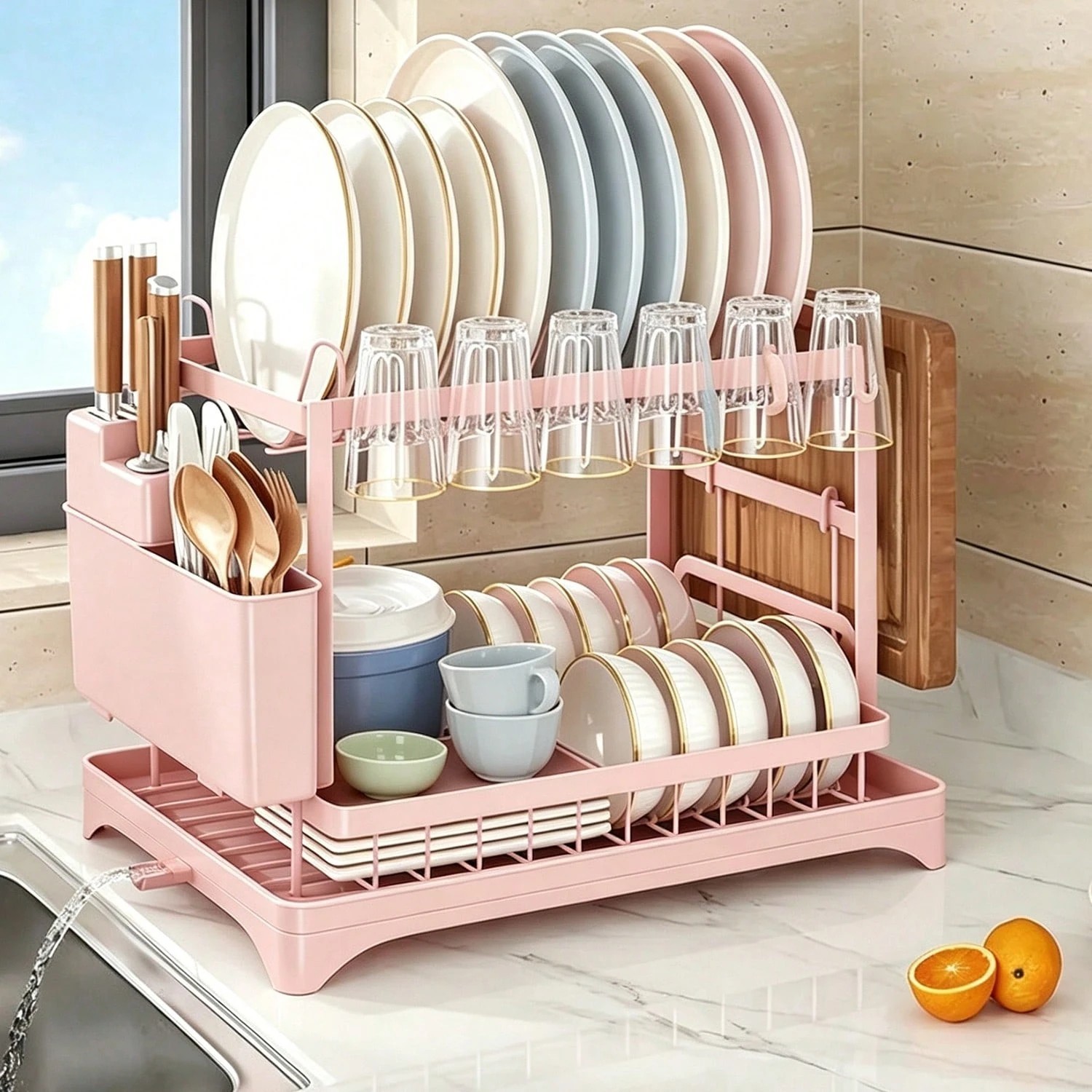 2‑Tier Pink Dish Drying Rack Iron Drainboard Kitchen Counter Utensil Organizer