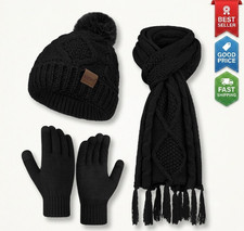 3 Piece Women's Winter Beanie Hat Scarf Touchscreen Gloves Black Set