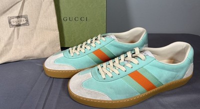 Gucci G74 Web Low Distressed Suede Aqua Sneakers Men s Sz 11 (US 11.5) Authentic