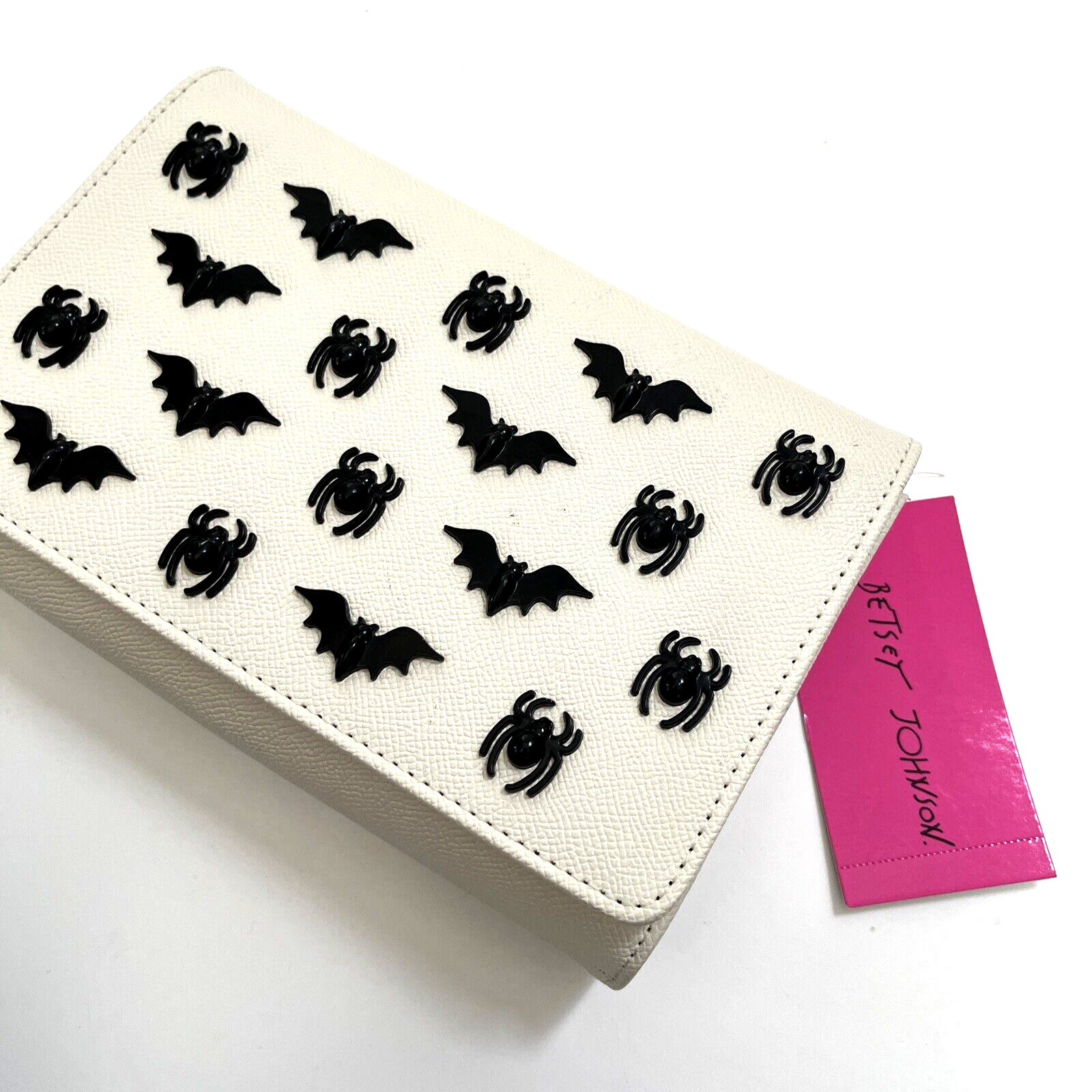 NWT Betsey Johnson White Studded Clutch Crossbody Bag with Bats & Spiders  