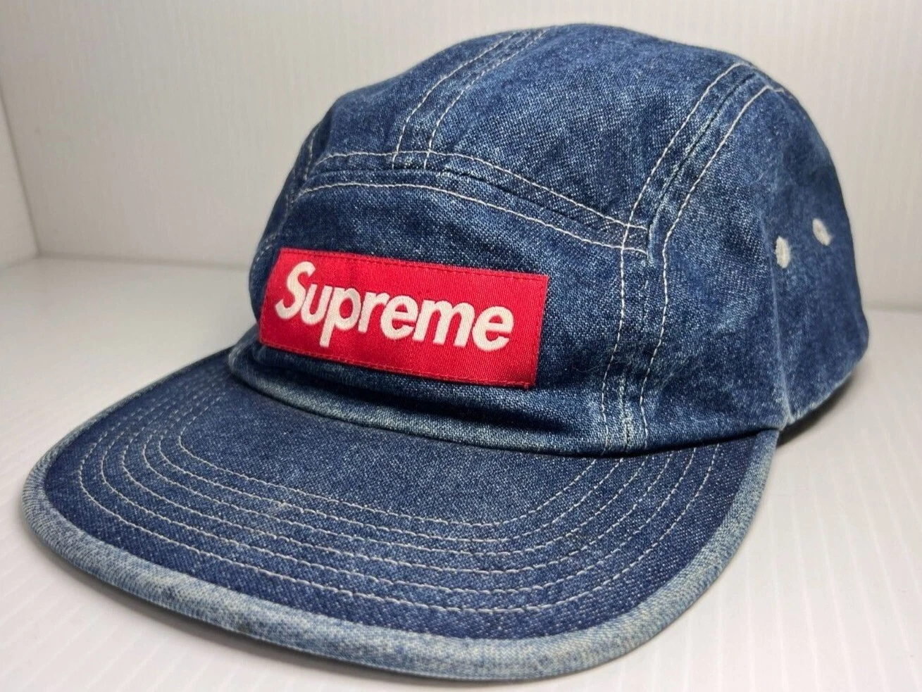 Casquette de camp sergé bleu sergé Supreme Denim Lavé Chino SS17 chapeau boîte à Jean logo