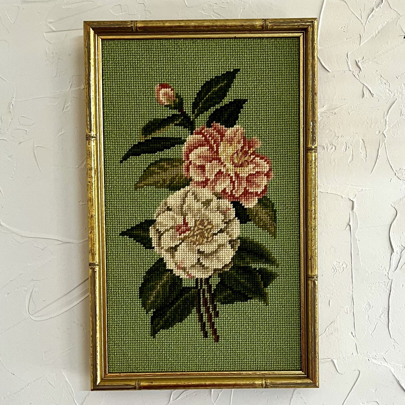 Vintage Needlepoint Gold Bamboo Framed Art Floral Pink and Green eBay