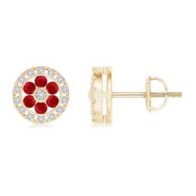 ANGARA Ruby Flower Studs with Diamond Halo in 14K Gold (AAA | 0.49 Ct)