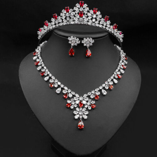 Luxury All CZ Cubic Zirconia Wedding Queen Necklace Earrings Tiara Crown Set - Afbeelding 1 van 13