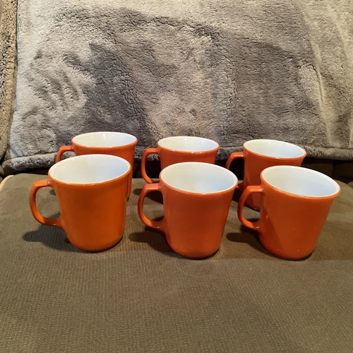 VINTAGE Pyrex Coffee Cups Mug Burnt Orange Set Of 6 Milk Glass 3.5" X 3.5"
