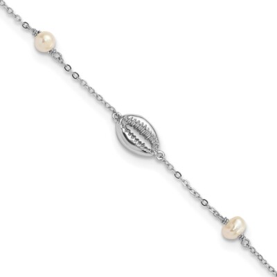 Silver Rhodium-plated Cowrie Shell & Semi-round FWC Pearl Chain Bracelet