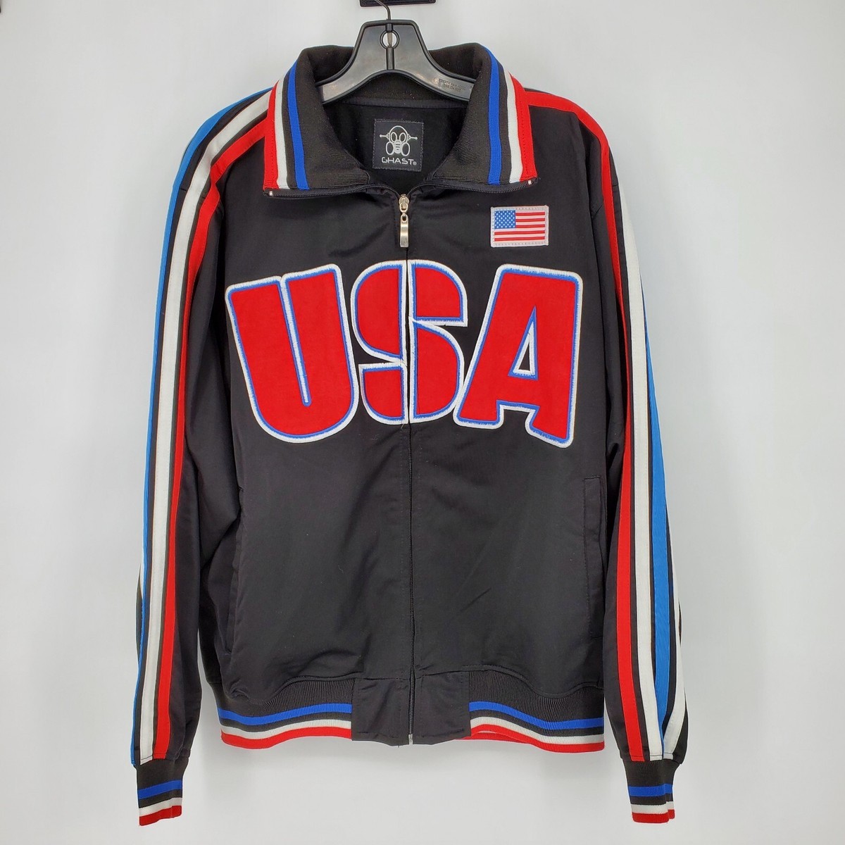 Ghast USA Track Jacket Mens XL Black Full Zip Chest Flag Striped