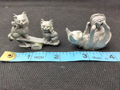 2 - Pewter Cat Figures - Spooniques - Cats on a Teeter totter and Yarn