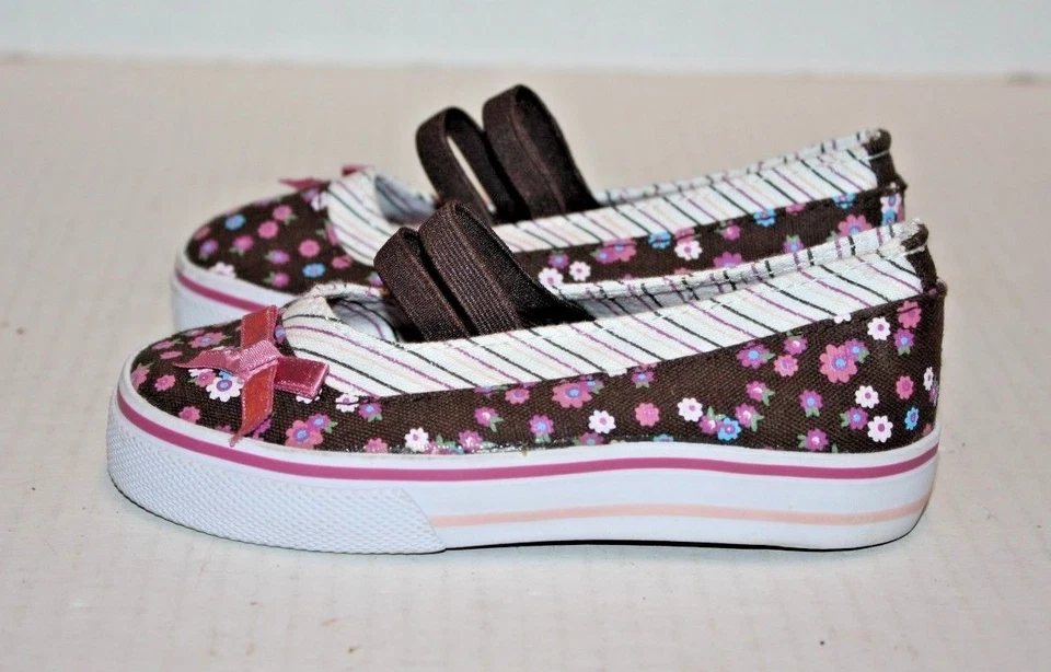 SMARTFIT Marrón Rosa Lona Floral Rayas Mary Janes Sin Cordones Niña Pequeña Talla 7 Foto 3 de 4