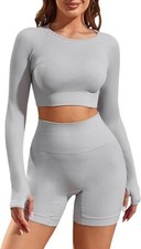 WOMENS 2 PIECE WORKOUT SET LONG SLEEVE THUMB HOLES GREY COLOR SIZE LARGE