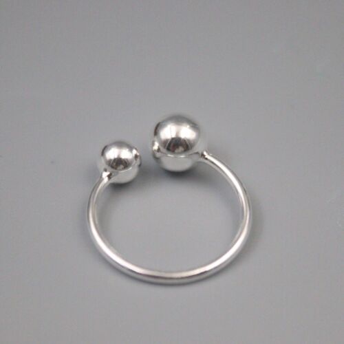 Pure S925 Sterling Silver Band Men Women Lucky Two Glossy Ball Open Ring - Picture 1 of 4