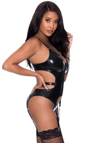 CLUB CANDY WET LOOK BASQUE CORSET STYLE WITH GARTERS & CHEEKY PANTY - Picture 4 of 5