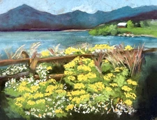Northwest Landscape 12x9 Columbia Gorge Pastel Oregon USA MCM Art Yellow Flowers