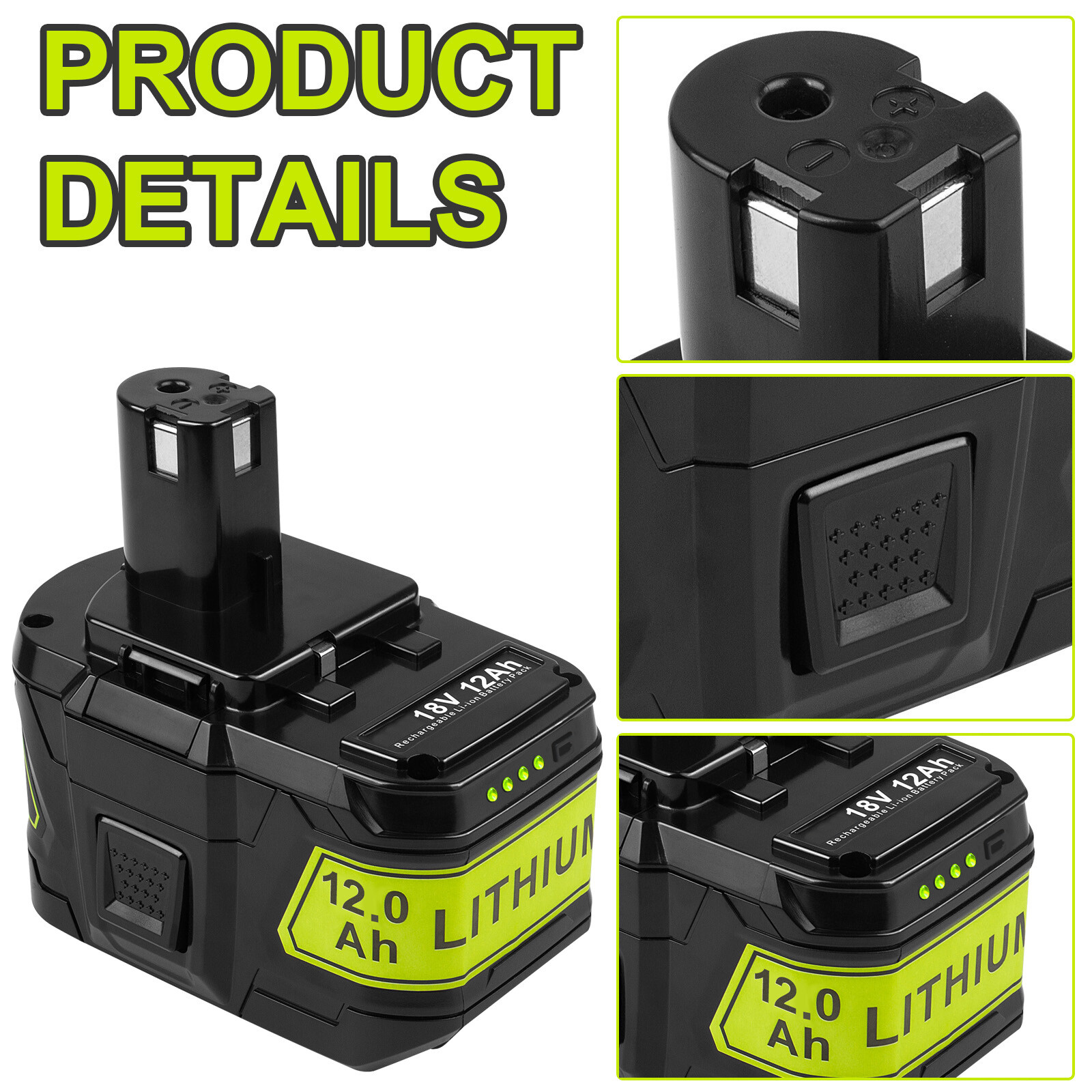 12Ah For RYOBI 18V Battery P108 High Capacity 18Volt Lithium-Ion P102 ...