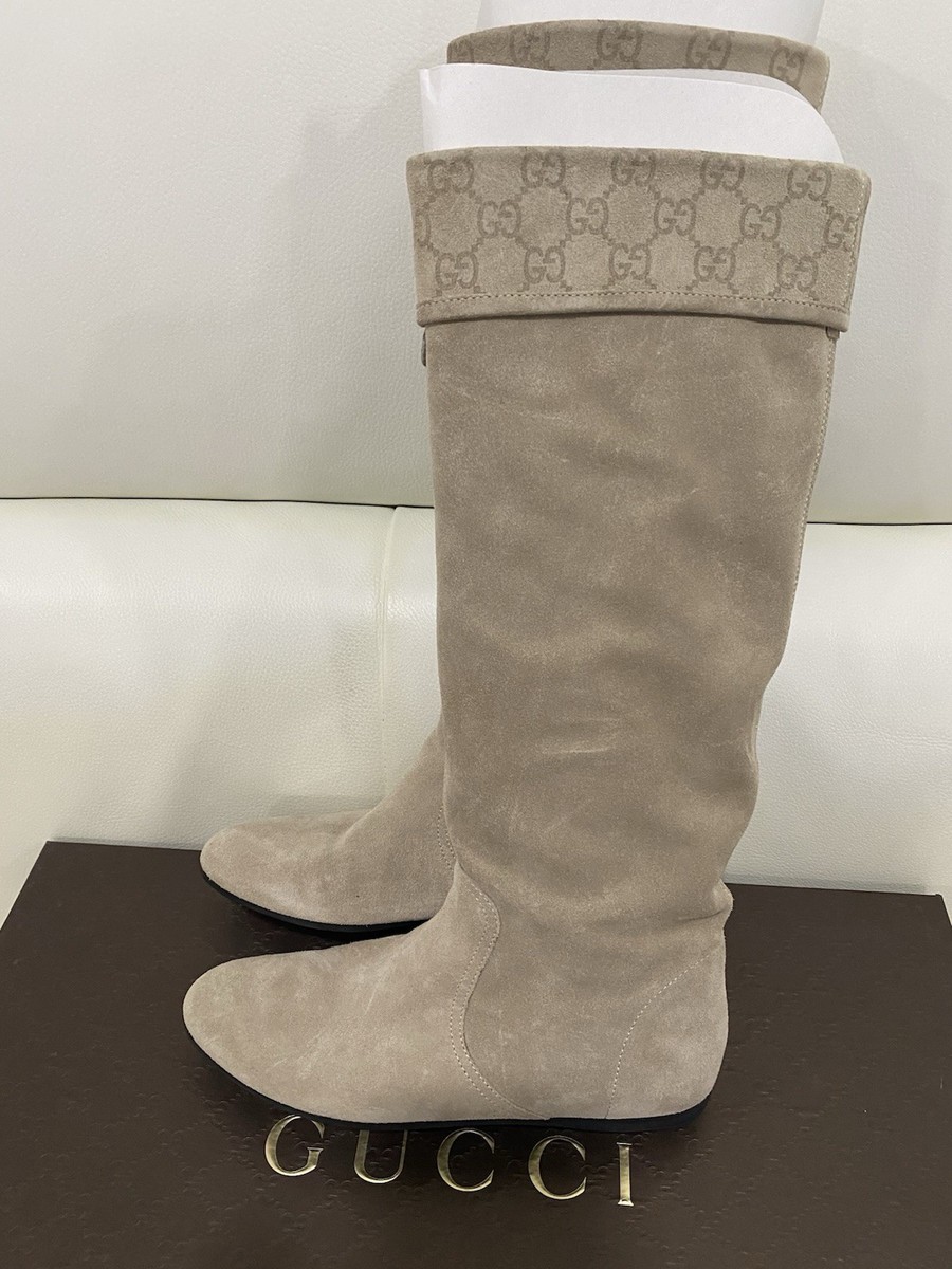 Gucci Softy Tek GG Printing Oatmeal Knee High Boots Size 6 | eBay