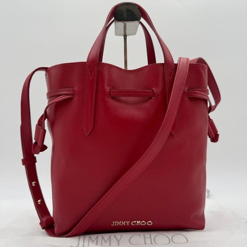 JIMMY CHOO Barra Drawstring 2way Shoulder Bag Red Leather Handbag Crossbody