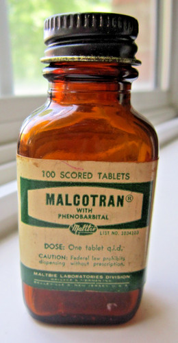 MALCOTRAN phenobarbital Glass Apothecary Bottle Pharmacy Maltbie Laboratory Jar