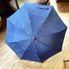 Rare Vintage Oleg Cassini Umbrella, Long at 35&frac12; Inches Blue, Wooden, Cane Handle
