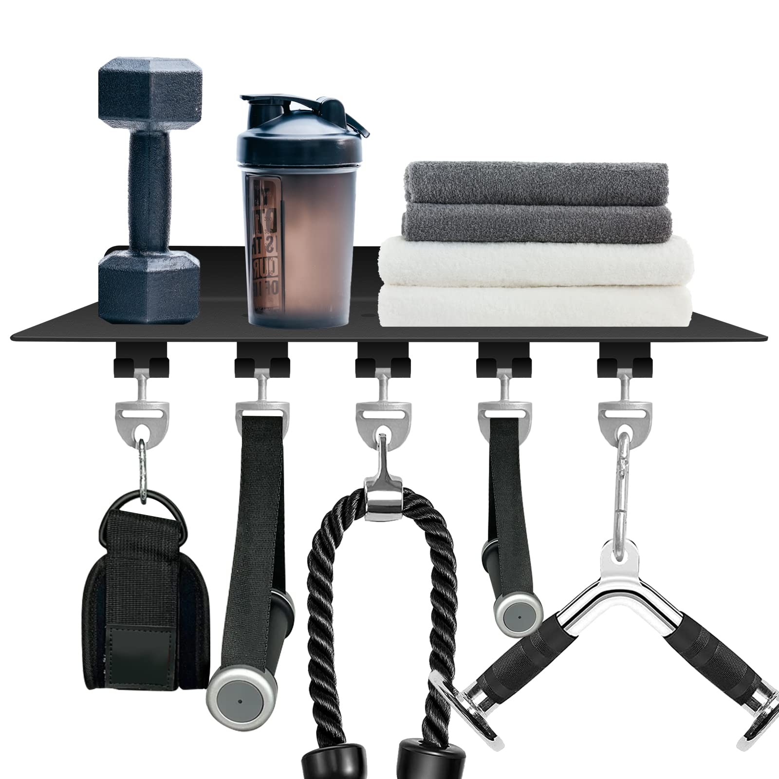 Tonal Gym Wall Shelf Organizer with Hooks, Black Home Gym Storage Rack