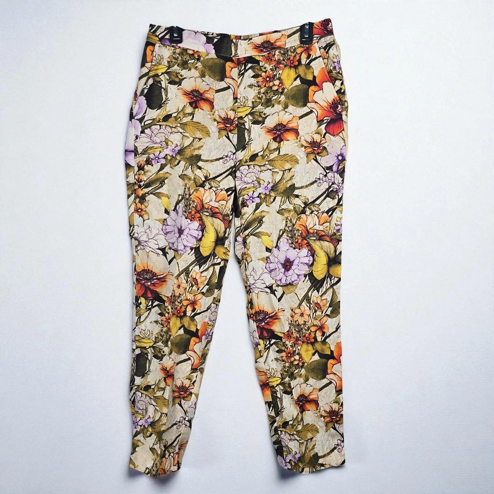 Chico's Floral Print Linen Pants Woman Lightweight Casual Trousers Size 0R (4R)
