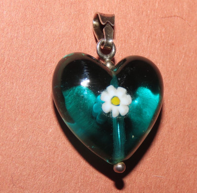 1'' GLASS HEART FLOWER PENDANT AMV 925 STERLING SILVER VINTAGE ITALY