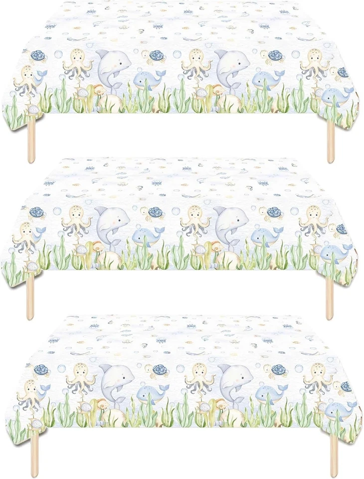 Sea Party 桌布蓝色海洋动物印花长方形 54x108 英寸 3 件套 — 第 2/2 张图片
