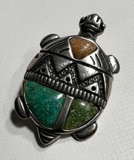 Vintage Carolyn Pollack Relios Sterling Silver Stone Turtle Brooch Pendant Aztec