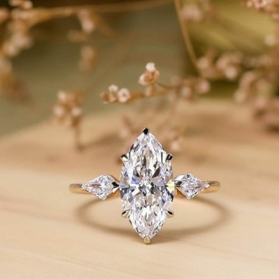Lab Grown Diamond Three Stone Ring,Marquise Cut 3CT Diamond 10Kproposal ring IGI