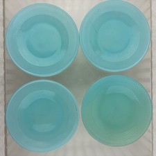 4 Vintage Children's AKRO AGATE Blue Small Concentric Ring Plates THEY GLOW 
