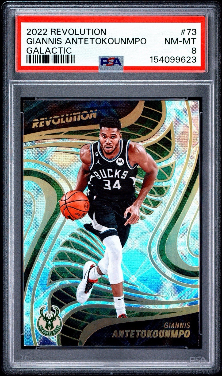 2022-23 Panini Revolution Giannis Antetokounmpo #73 Galactic PSA 8 SSP Bucks view 1