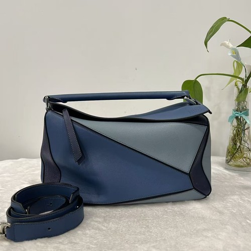 Loewe Puzzle Shoulder Bag Blue Colorblock Calfskin Leather Silver Hardware Auth-