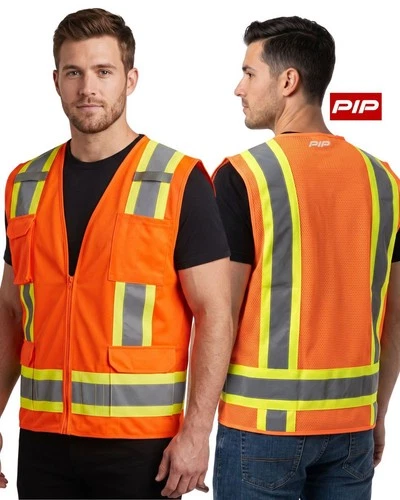 PIP® ANSI Type R Class 2 Two-Tone Eleven Pocket Surveyors Vest – Solid Front/Mes - product listing photo