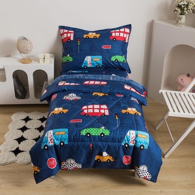 Navy Bedding Set Bed-in-a-Bag 4 Pieces, Soft Microfiber Comforter with Cars,B...
