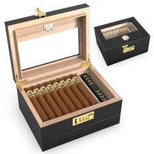 Cigar Humidor Glass Top Cigar Box with Hygrometer Humidifier and Divider Desktop