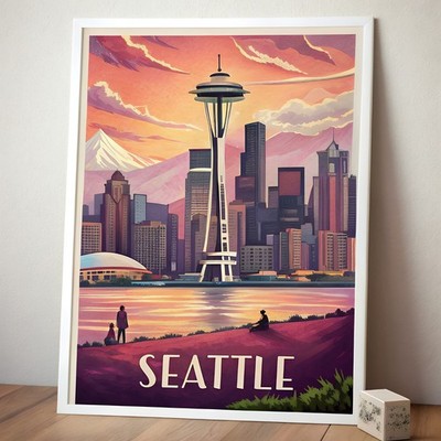 Lebendige Seattle Skyline und Space Needle - Vintage Reise Poster Kunstdruck_mehrD