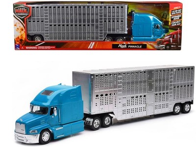 Mack Pinnacle Truck with Pot Belly Livestock Trailer Blue and Chrome ''Long Haul