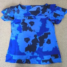 Banana Republic Womens Blouse M Blue Black Floral Flutter Ruffle Sleeve Pleat...