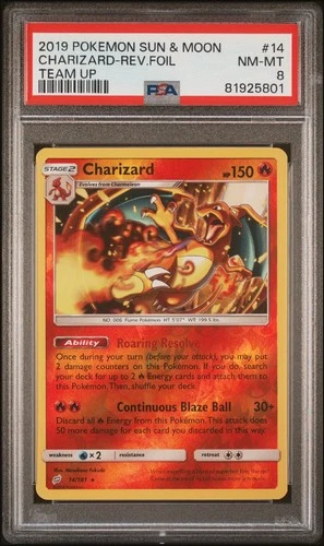 2019 Pokémon Sun & Moon Charizard - Rev. Foil Team Up #14  PSA 8