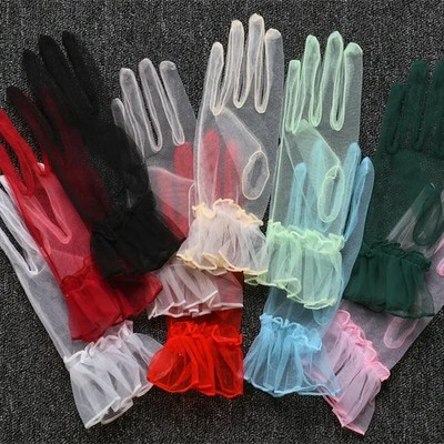 Tulle Gloves Short Mesh Transparent Full Finger Stretchy Elegant Women Mittens