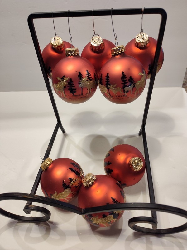 Vintage CHRISTMAS KREBS GLASS ORNAMENTS Set 8 Red orange Gold Moose Trees 