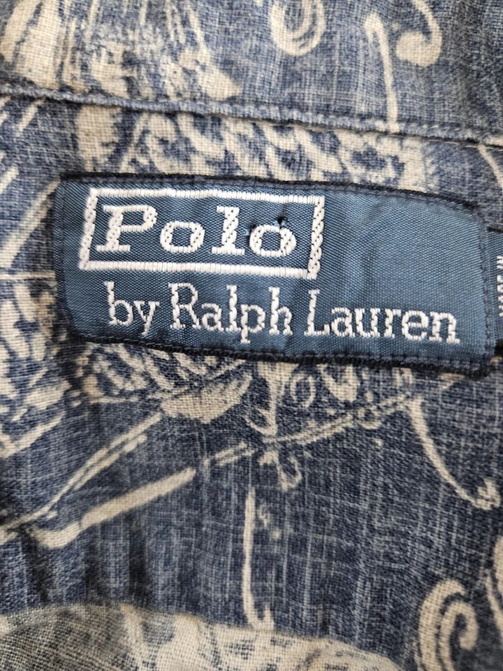 Polo Ralph Lauren Shirt Men 2XL Blue Linen Koi Carp Fish Nautical Beach Hawaiian - Image 4 of 4