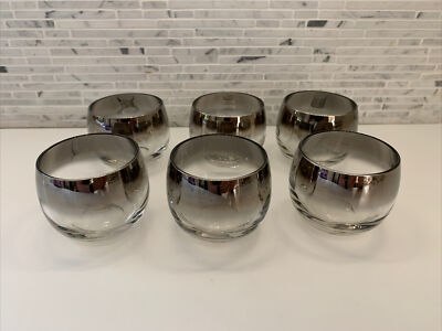 Vintage Set 6 Roly Poly Silver Fade Bar Glasses 4 oz Shots Craft Cocktails 1960s